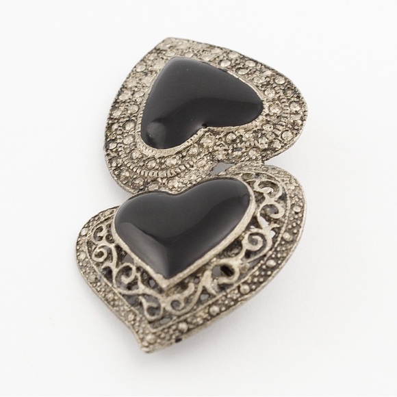 Vintage Double Heart Brooch Pin Black Enamel Silver Tone - Picture 2 of 4
